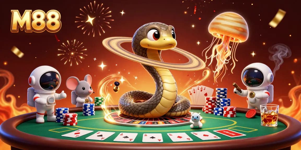 M88 sports betting scene with a coiled snake roulette wheel and mice placing bets.