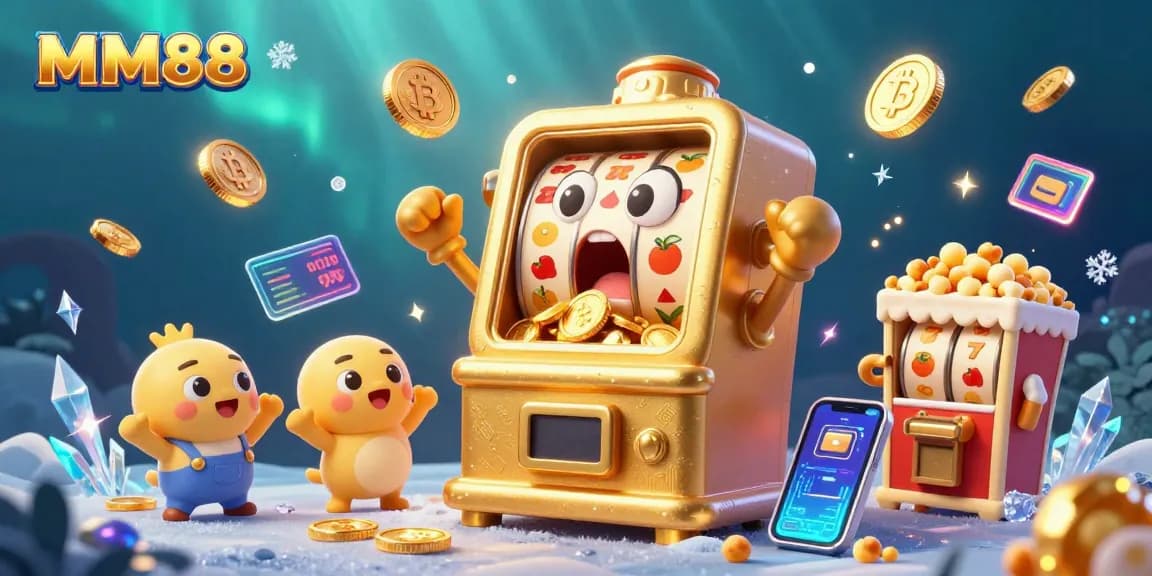 Experience the thrill of MM88 casino with vibrant slot machines hitting jackpots surrounded by crypto coins.