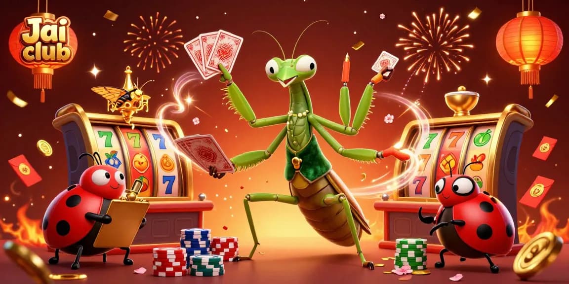 Engage with Jai club's vibrant casino atmosphere featuring a mantis dealer and ladybug pit boss.