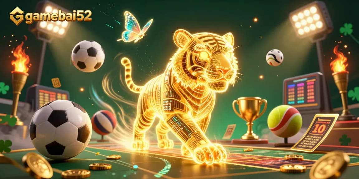 Engage with gamebai52's electrifying 3D casino art showcasing a radiant golden tiger amidst a dynamic gaming scene.