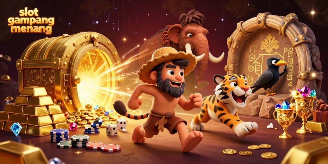 Experience the thrill of slot gampang menang with a scene showcasing vibrant caveman antics, treasure, and casino excitement.