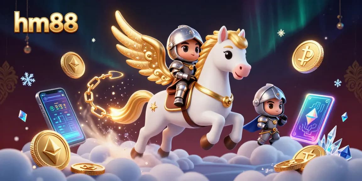 Experience the thrill of hm88 with a knight and celestial horse amidst crypto and casino elements!