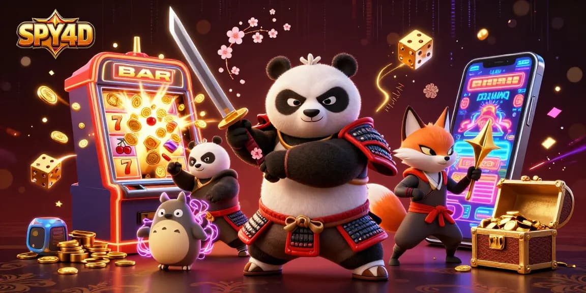 SPY4D menghadirkan keberuntungan dengan karakter samurai panda dan elemen kasino berkilauan.