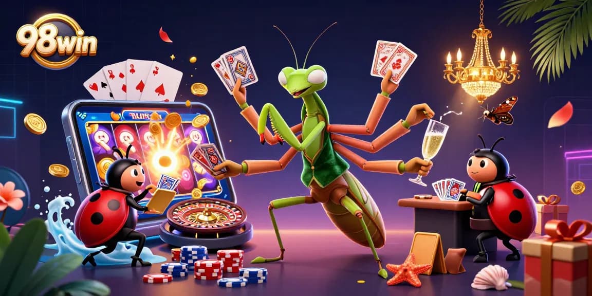 Experience high-stakes fun at 98win with a vibrant scene of a giant mantis card sharp dealing cards and pouring champagne.
