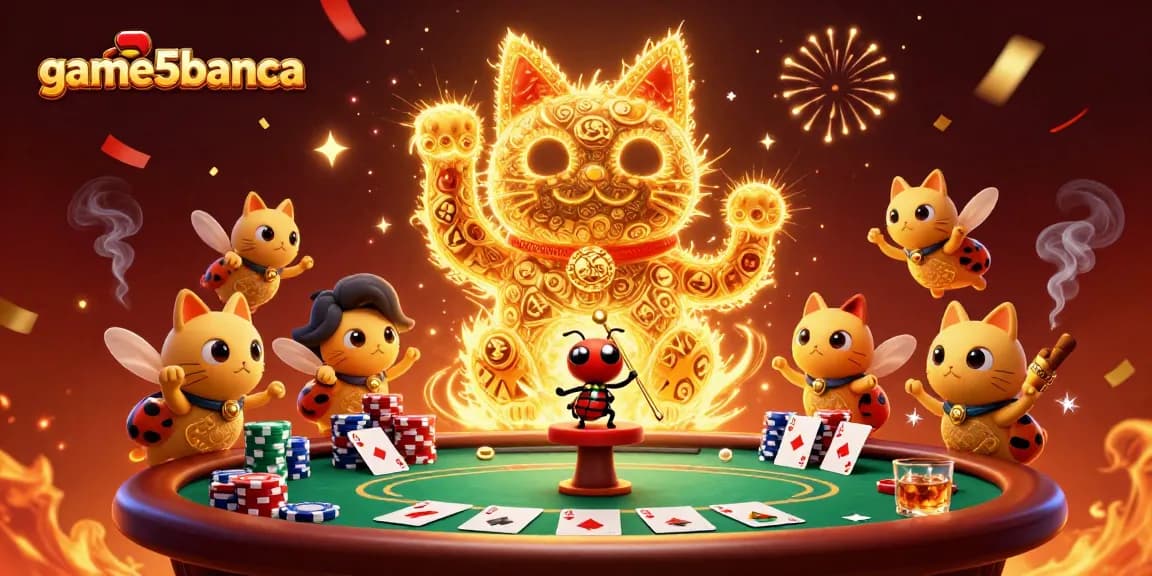 Win big with game5banca at the vibrant casino featuring a lucky cat and poker table.