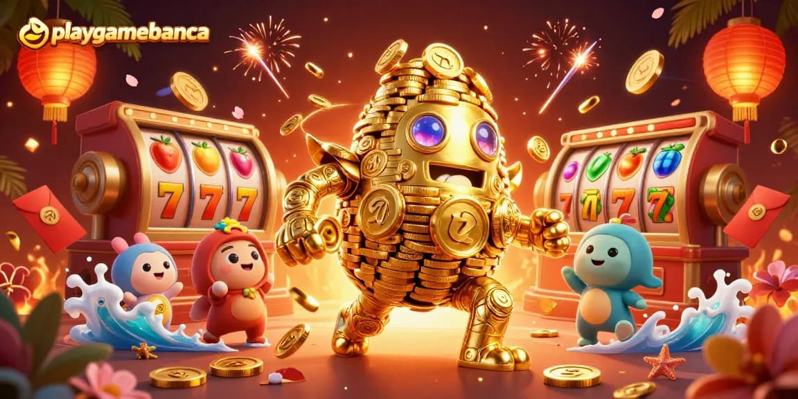 Engage with playgamebanca's thrilling slot experience featuring a golden golem and vibrant game symbols.