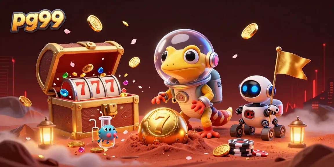 pg99 captivates players with a thrilling 3D illustration of a Martian gecko exploring a treasure-filled casino.