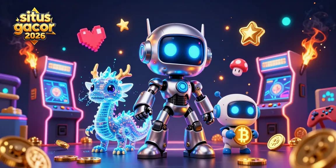 Situs slot gacor 2026 menghadirkan visual menarik dengan robot cyberpunk dan elemen kasino.