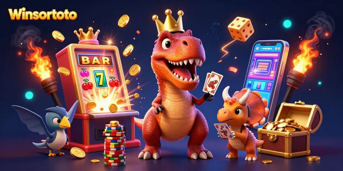 Menangkan kemenangan besar dengan winsortoto dalam ilustrasi kasino penuh warna berisi dinosaurus.