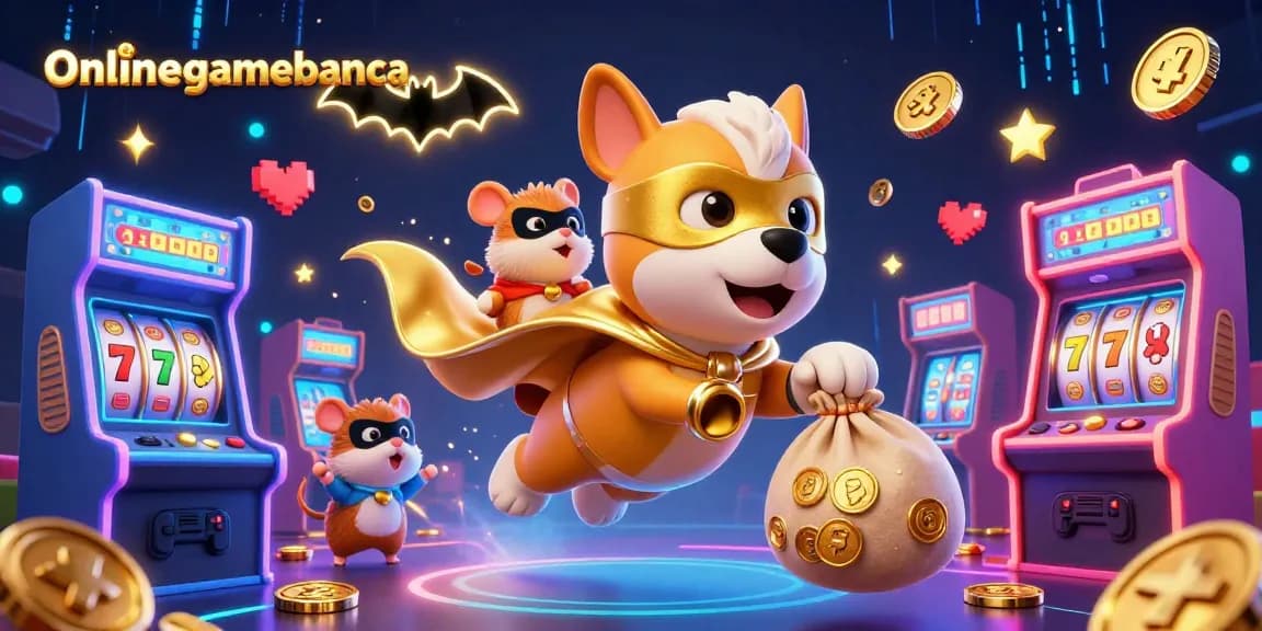 Engage with onlinegamebanca through a thrilling 3D illustration showcasing a superhero dog and hamster in a vibrant casino scene.