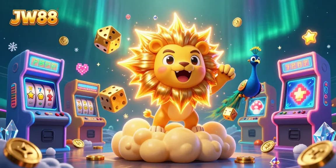Engage with JW88’s vibrant casino gaming experience featuring a sun lion, golden dice, and vibrant game elements.