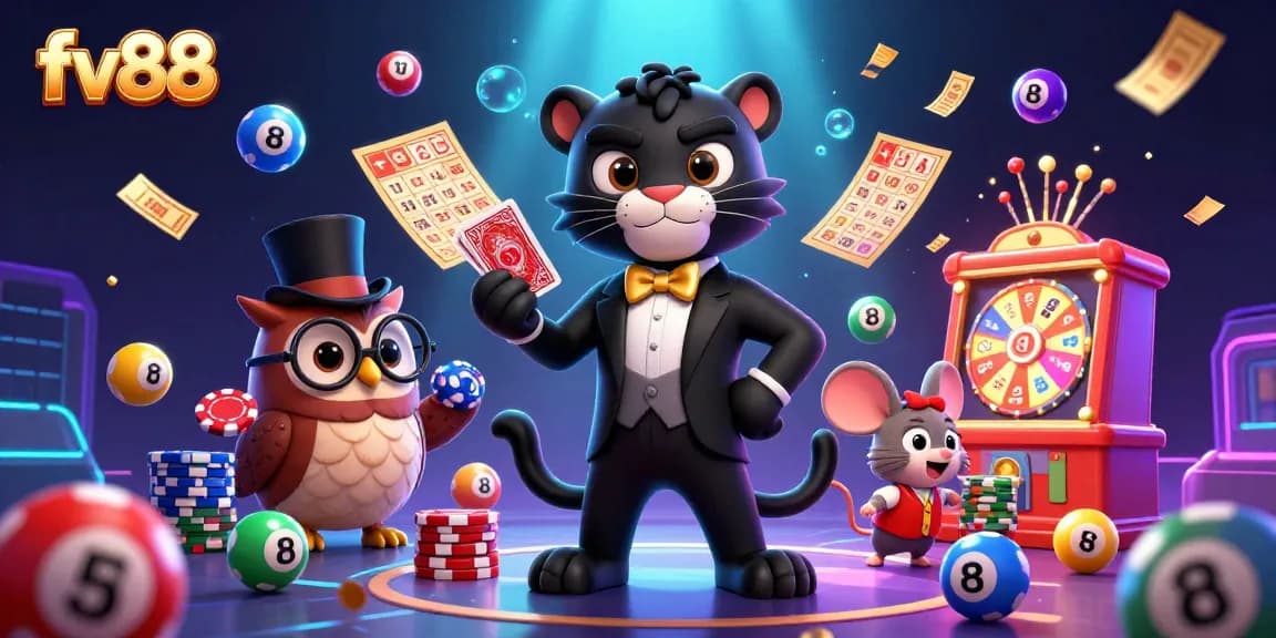 Vibrant scene showcasing fv88 with a stylish panther dealer, lucky owl, and mouse among dynamic lottery elements.
