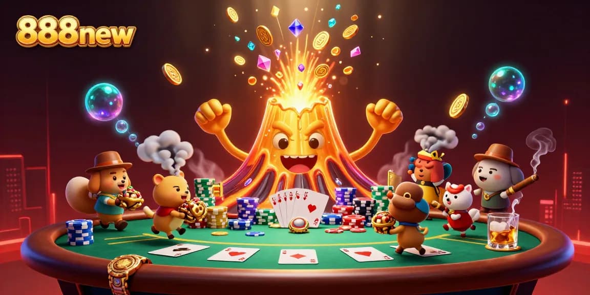 Join the excitement of 888new as the golden volcano erupts with treasures in a vibrant casino scene.