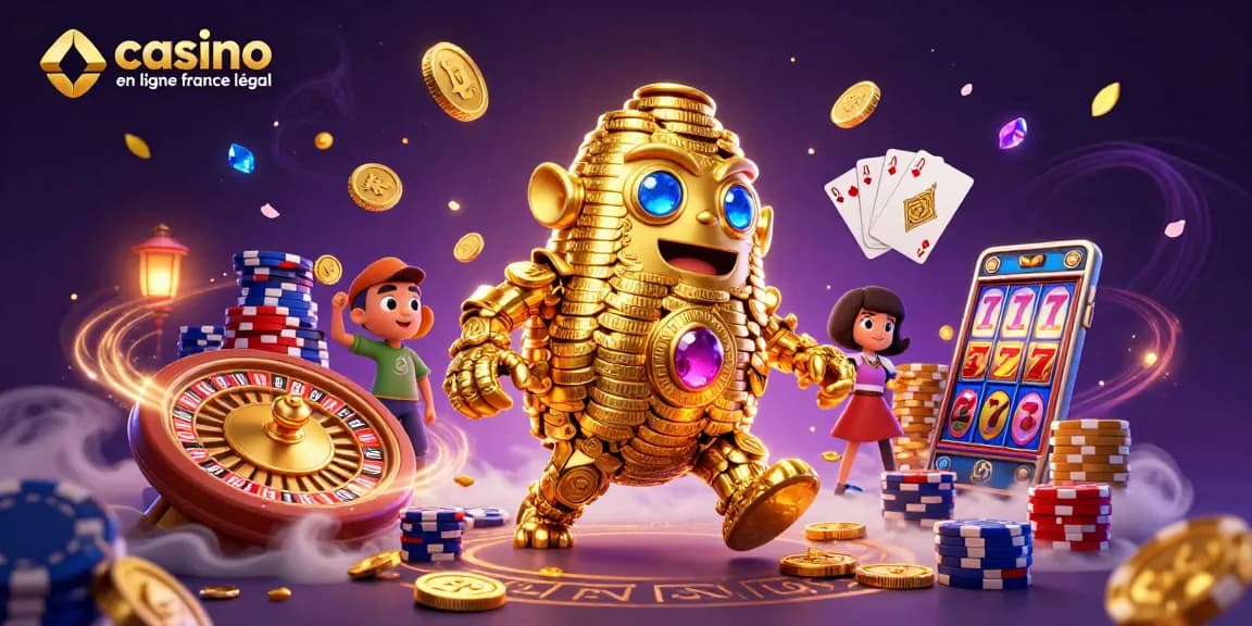 Visualisez le casino en ligne France légal avec un golem d'or et des jeux de hasard éclatants.