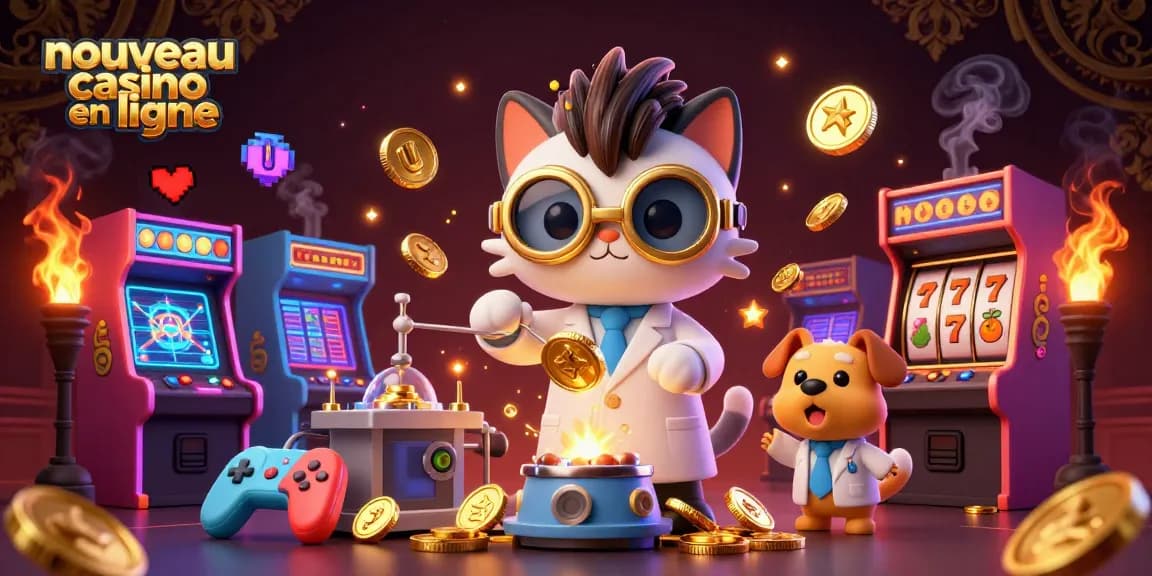 Visualisez un nouveau casino en ligne vibrant avec un chat scientifique et un chien assistant entourés de machines à sous.