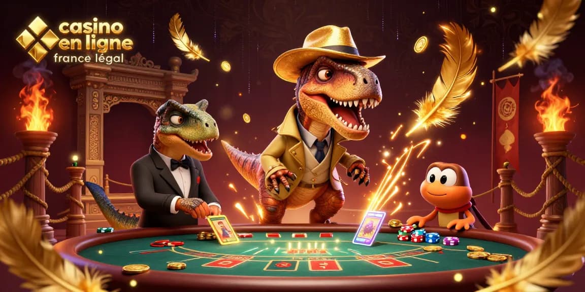 Les casinos en ligne France légaux sont illustrés avec un vélociraptor et un pit boss surveillant un jeu de blackjack.