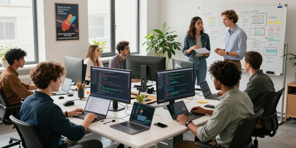 Dynamic team collaboration at https://fuzzmanta.com/ showcasing innovative software development in a modern workspace.