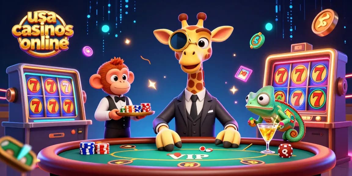 Play at usa casinos online in a vibrant scene with a high-roller giraffe and gaming elements.