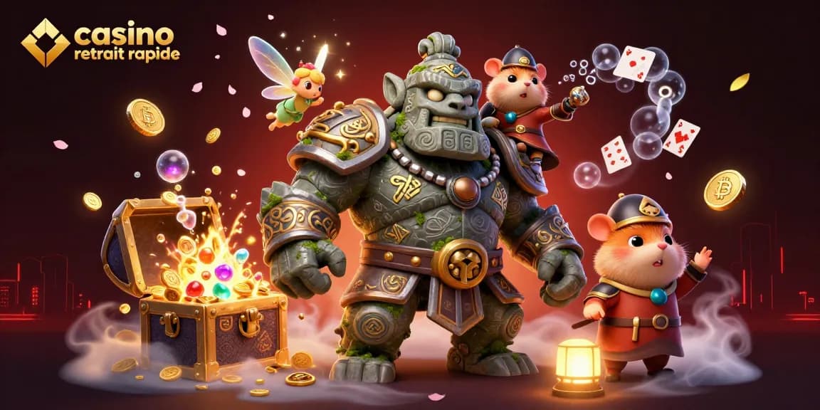 Retirez vos gains rapidement avec casino retrait rapide, illustré par un golem et un hamster chevalier jouant dans un monde de magie.