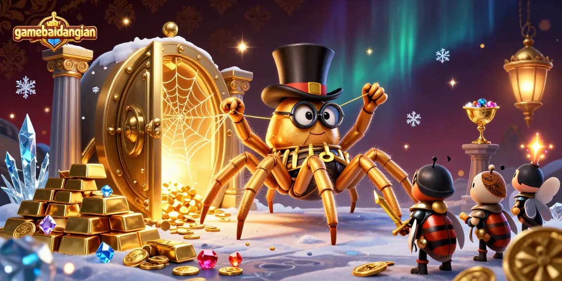Engage in epic gameplay featuring gamebaidangian with a giant golden tarantula, a brave beetle knight, and treasures.