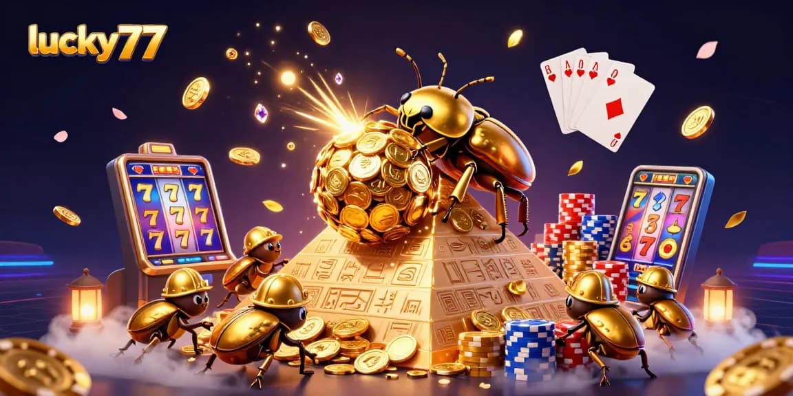 Experience luck at lucky77 with golden beetles and vibrant slot elements in this captivating scene.