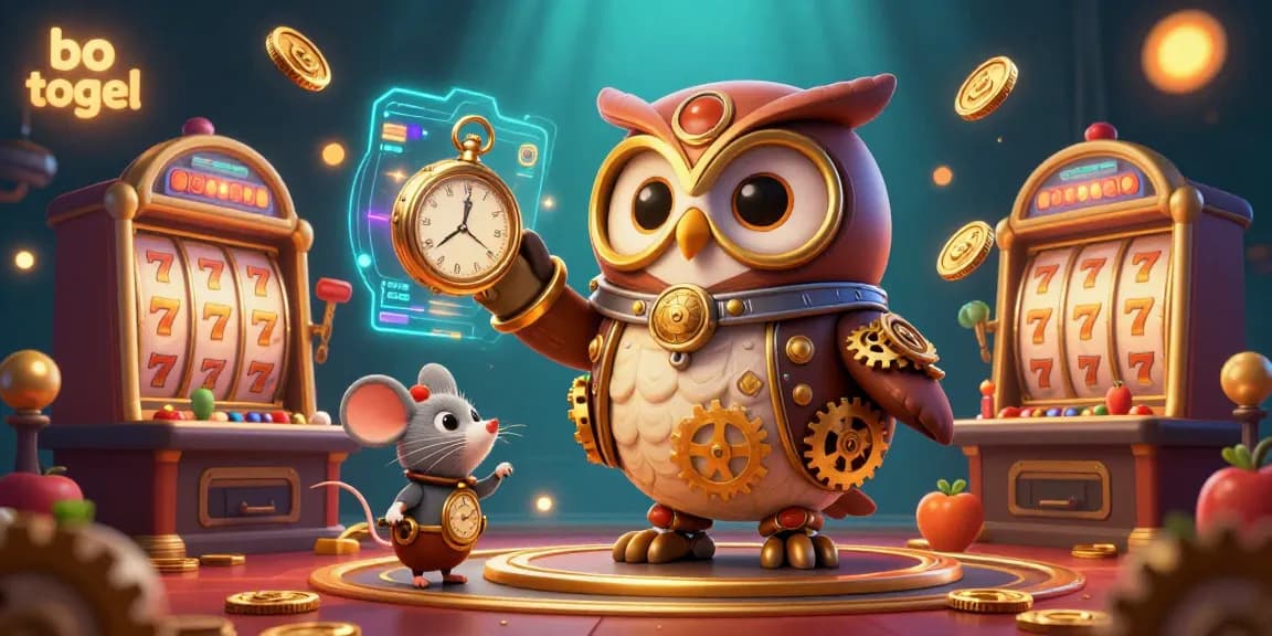 Win big with bo togel in this vibrant 3D casino scene featuring an owl and dynamic slot elements.