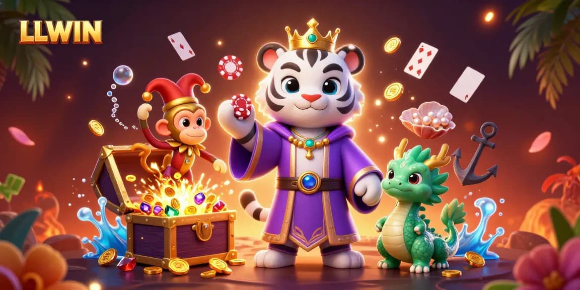 Engage with LLWIN's thrilling experience as the playful characters entertain in a vibrant casino setting.