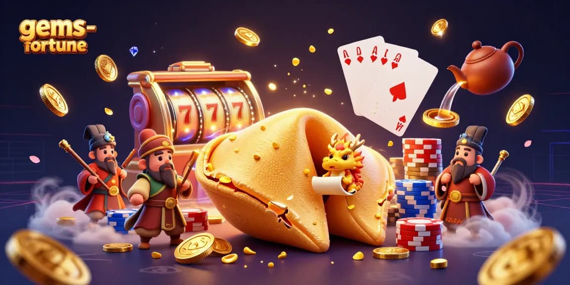 Play gems-fortune and uncover treasures with the vibrant golden fortune cookie scene filled with thrilling casino elements.