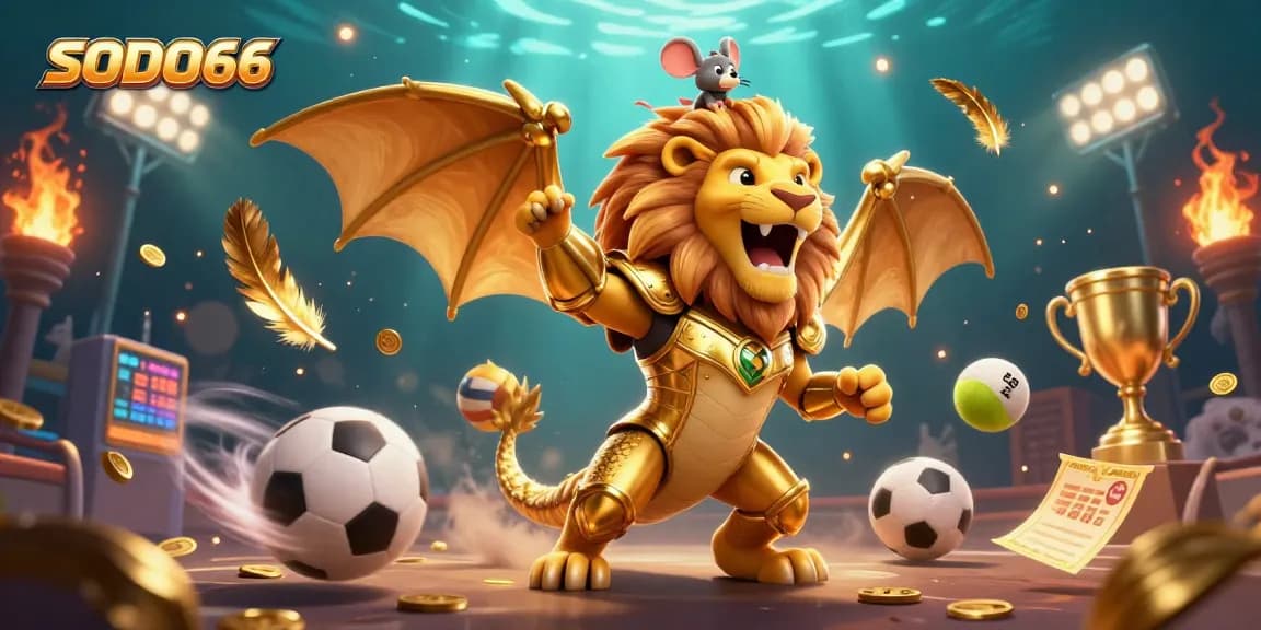 SODO66 brings thrilling excitement with a dynamic 3D illustration featuring sports-themed action and golden rewards.