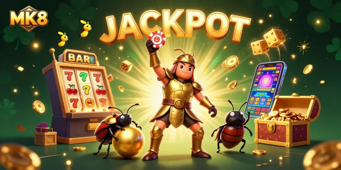 Engage in thrilling gameplay at MK8 with a vibrant casino illustration showcasing a beetle hero and jackpots.