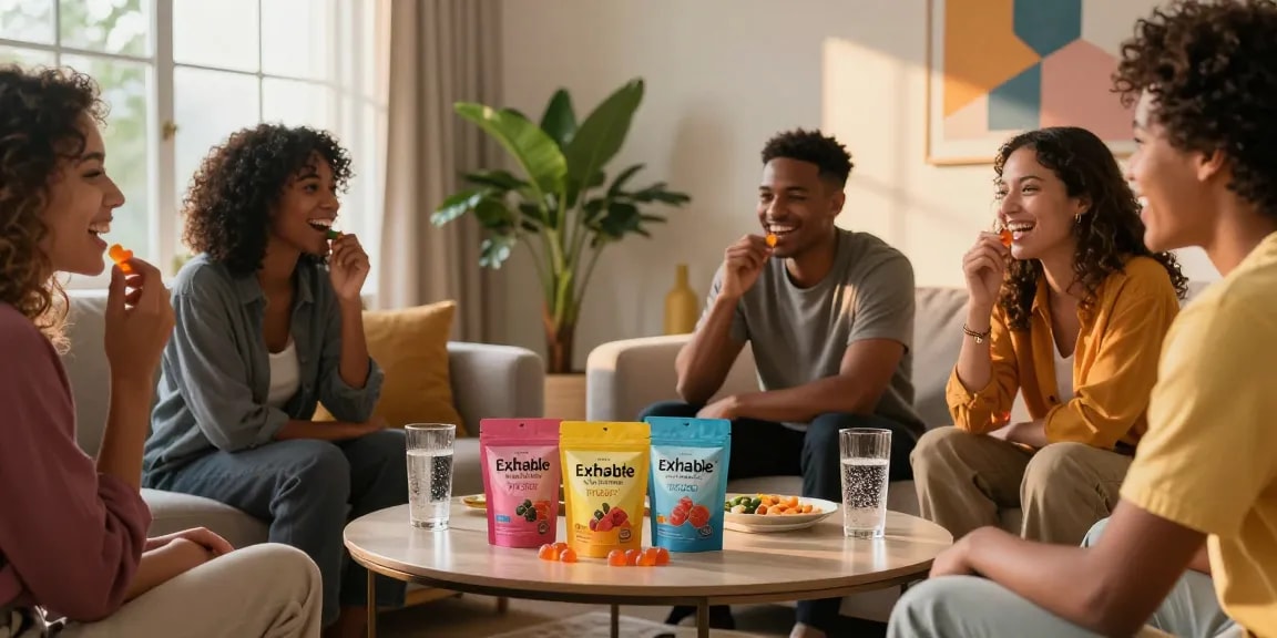 Social gathering highlighting best THC gummies for 2026, friends enjoying Exhale Wellness in a cozy living room.