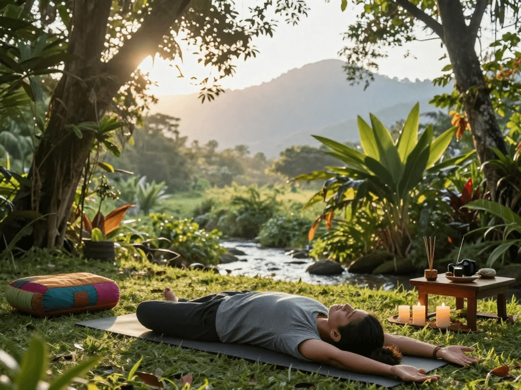 Yoga practice in nature focusing on mantra88 for mindfulness and relaxation.