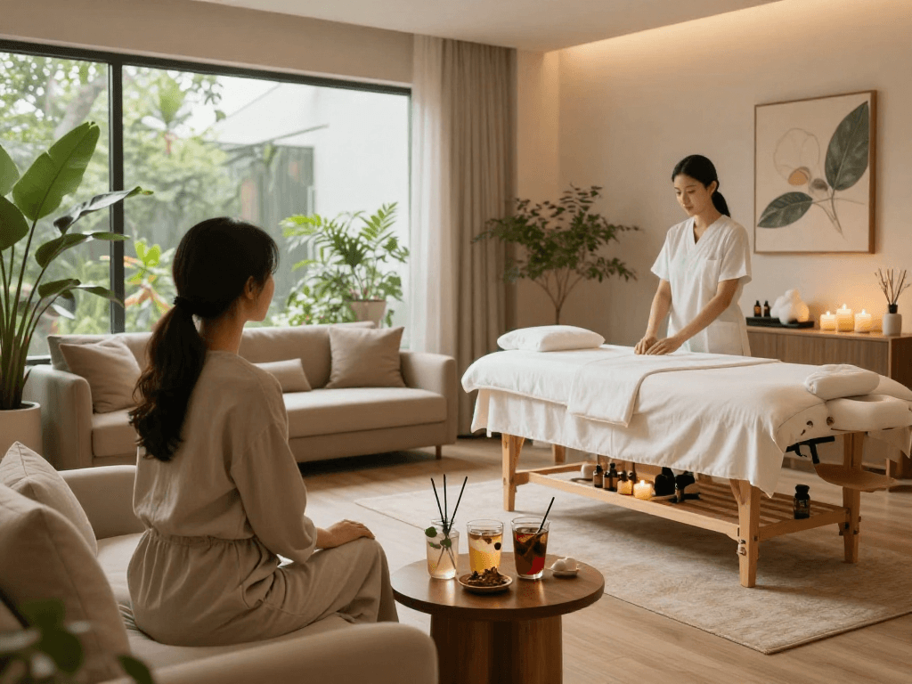 Relaxation session at Balanced Massage with therapist discussing options, featuring mantra88 essentials for a calming experience.