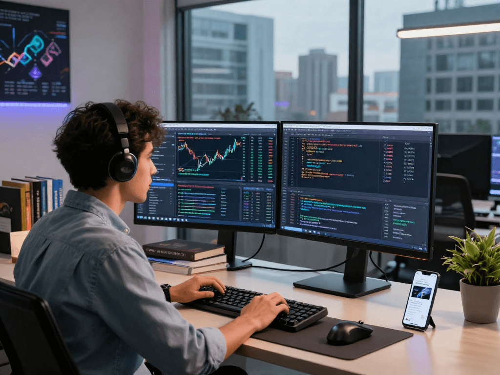 Developer using the US stock WebSocket API in a modern trading environment, showcasing real-time stock data.