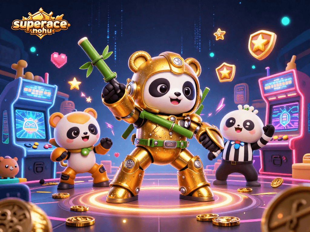 Engage with superace-nohu in an exciting arena featuring a mech-suit panda and vibrant gaming elements.