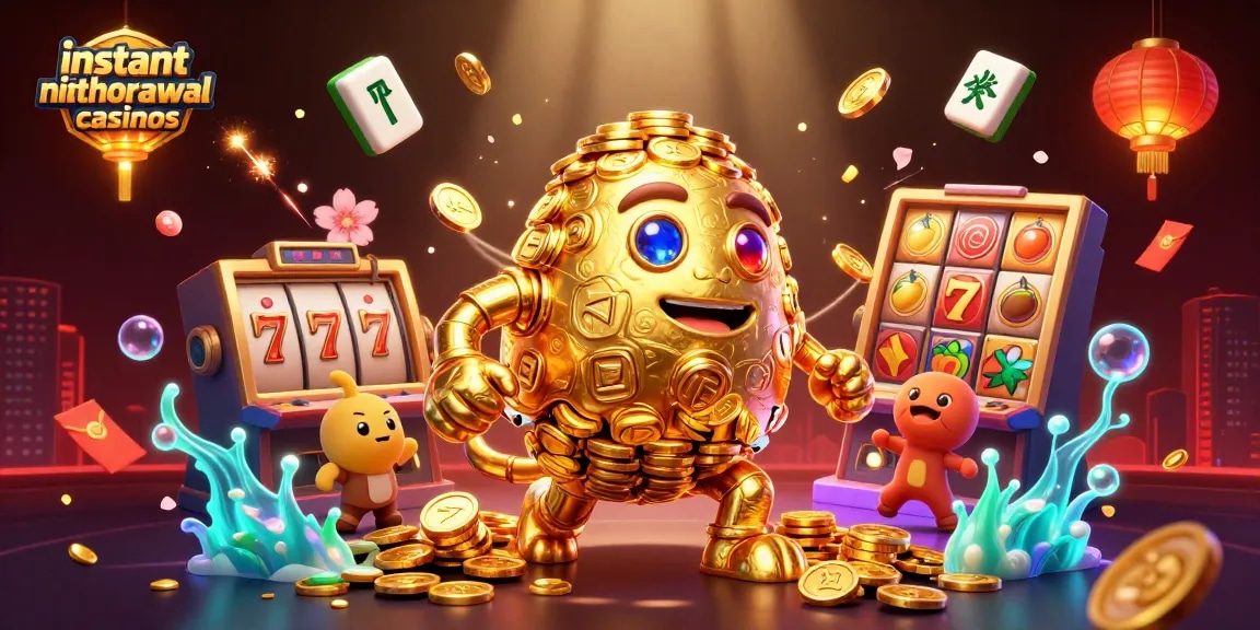 Experience the excitement of instant withdrawal casinos in a vibrant 3D slot machine scene.