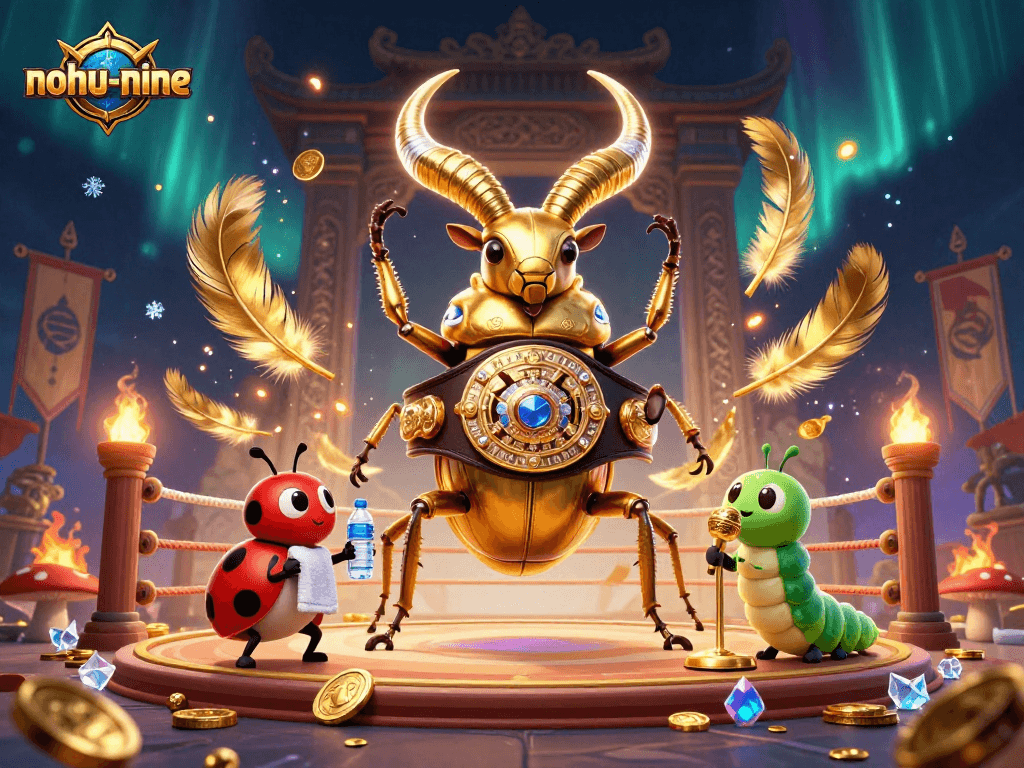 Experience the thrill of nohu-nine in this vibrant 3D casino scene with animated beetles and gambling elements.