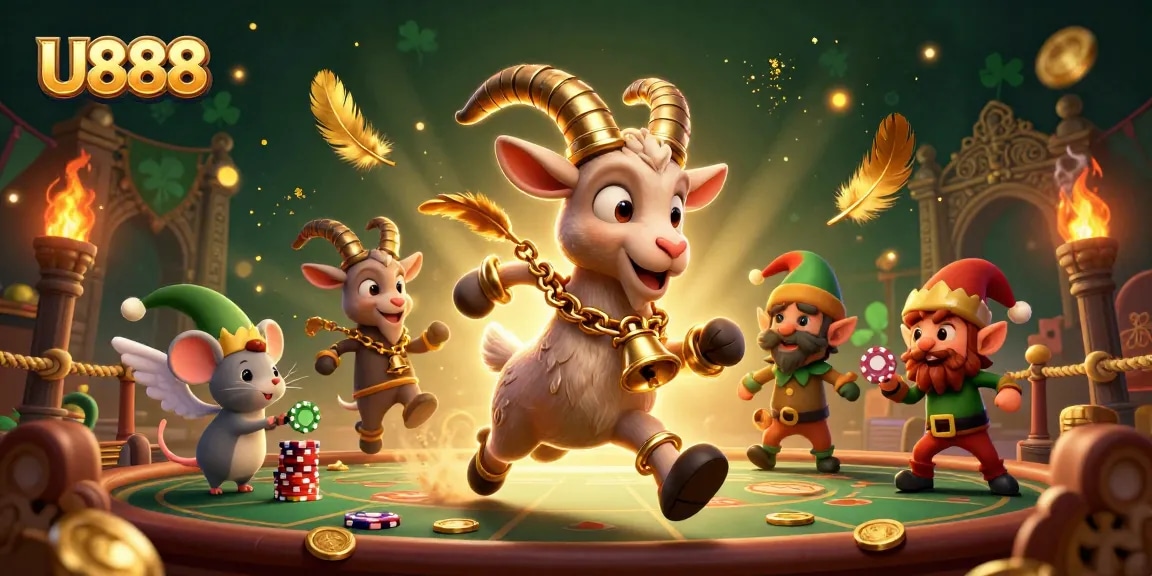 Engage with U888's thrilling atmosphere featuring lively characters in a vivid casino scene.