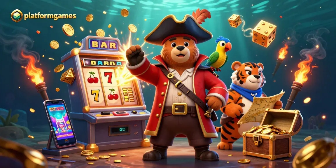 Experience platformgames with a vibrant 3D casino illustration showcasing a pirate bear, tiger, and parrot amid jackpot excitement.