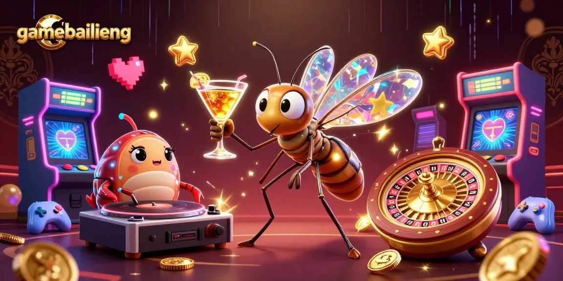 Engage in gamebailieng with a lively casino scene featuring a mascot and vibrant game elements.