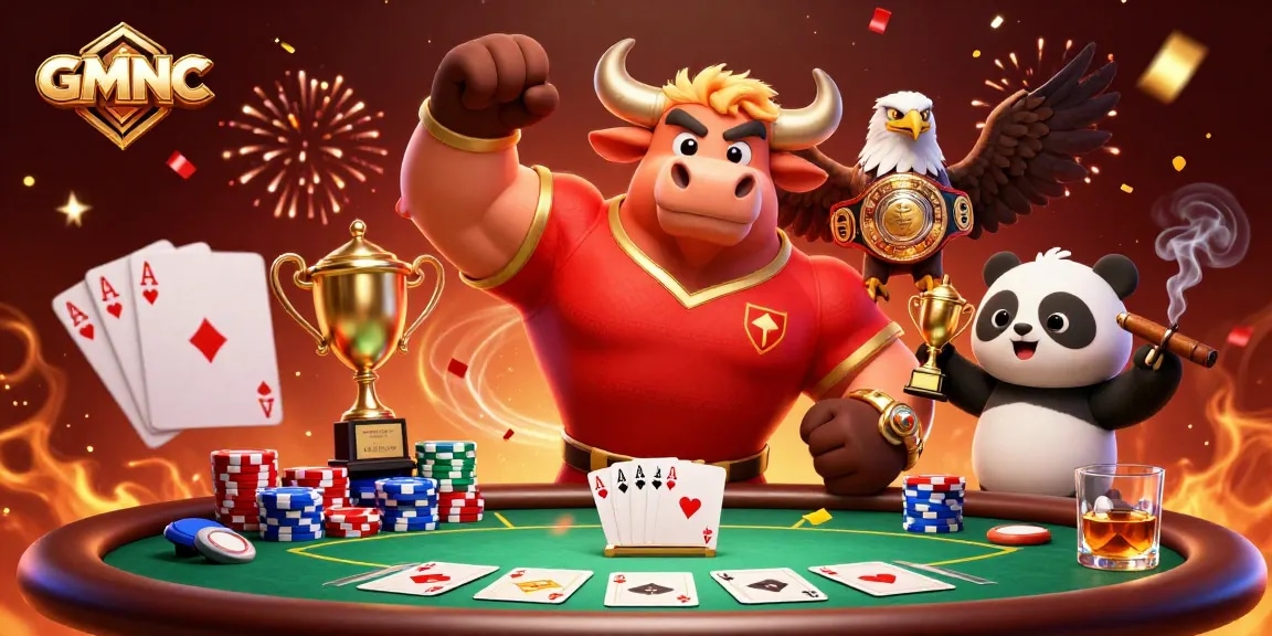 GMNC celebrates winning moments with a cartoon bull mascot, eagle, and panda in exhilarating casino action.