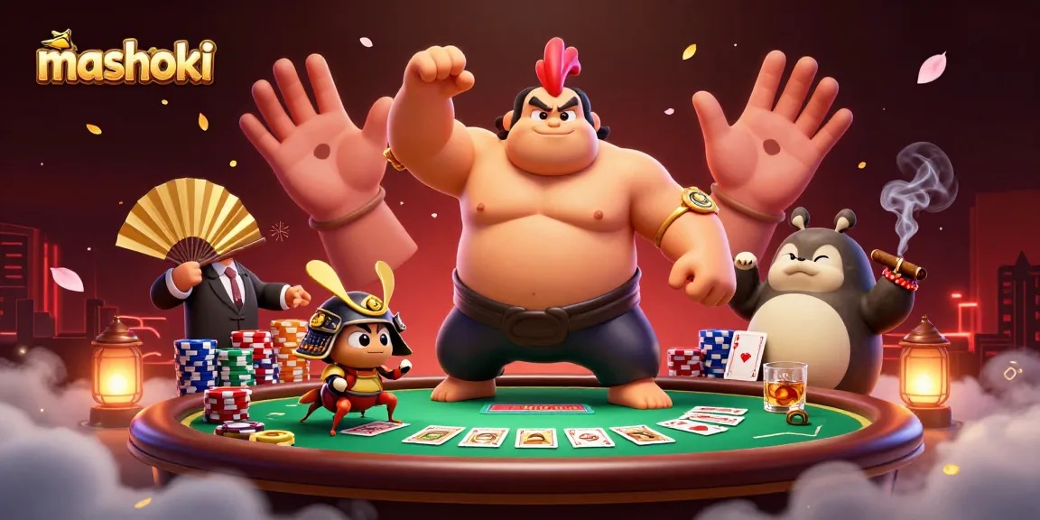 Engage with mashoki strategies while winning at poker, surrounded by vibrant casino characters.
