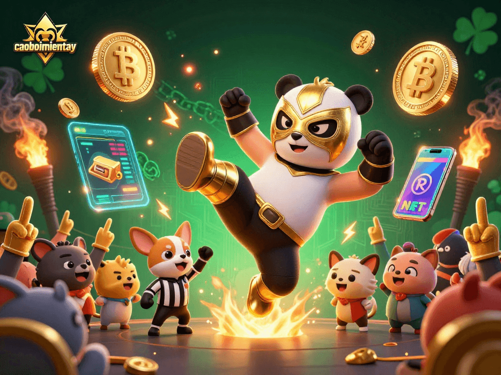 Engage in thrilling gameplay with caoboimientay as a panda wrestler kicks toward crypto coins in an energetic scene.