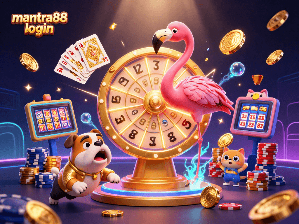 Spin the giant prize wheel and win prizes with mantra88 login in this vibrant casino scene.