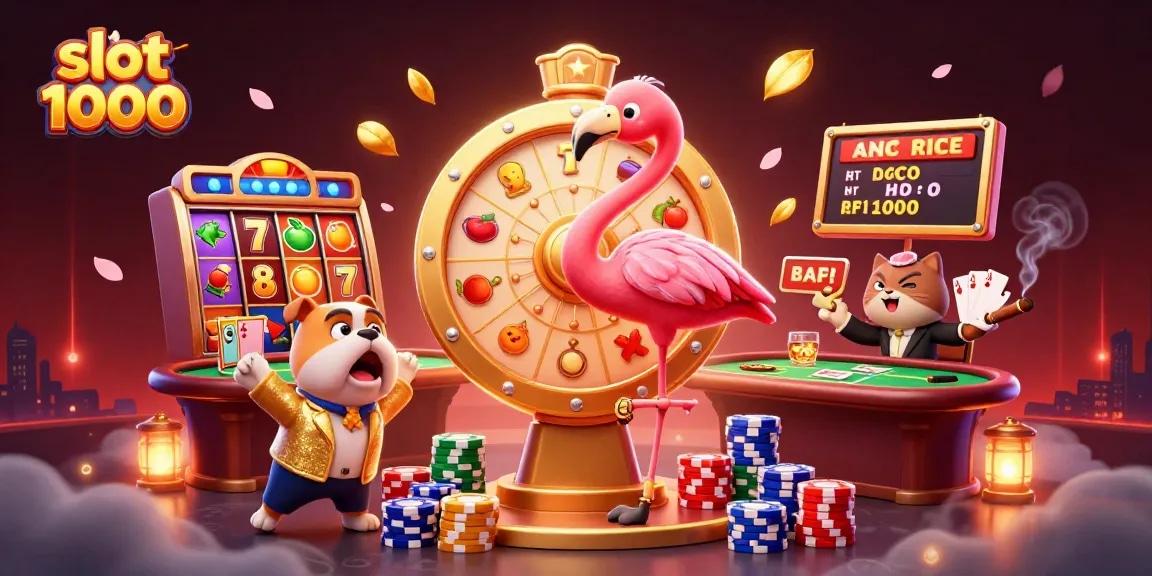 Memainkan slot 1000 dengan keseruan penuh warna, karakter kartun dan elemen kasino yang menarik.