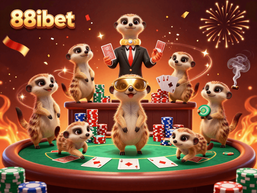 88ibet showcases a dynamic meerkat casino scene with poker elements and celebratory confetti.