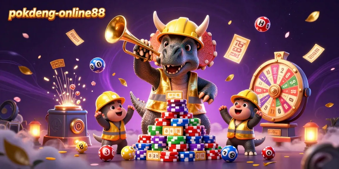 Pursue excitement with pokdeng-online88 as a triceratops builds poker chip pyramids in a vibrant, action-packed casino scene.