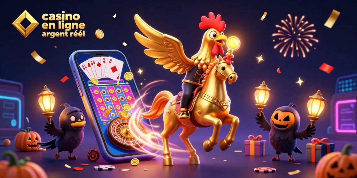 Visualisez un casino en ligne argent réel avec un poulet doré et des éléments festifs captivants.