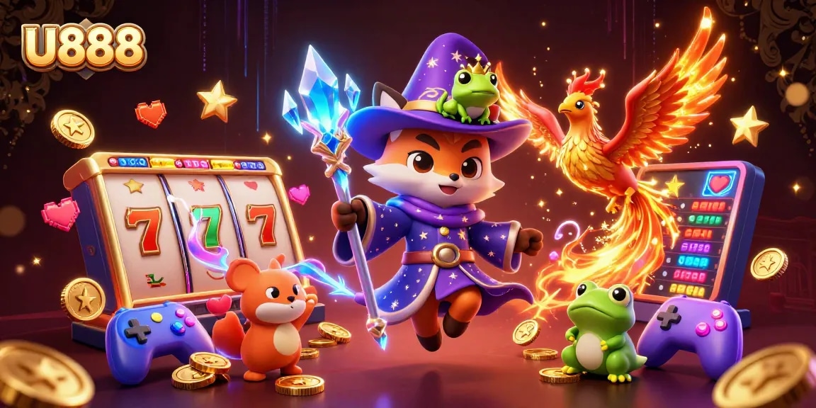 Play thrilling slots at U888 with engaging characters, neon elements, and vibrant casino visuals.