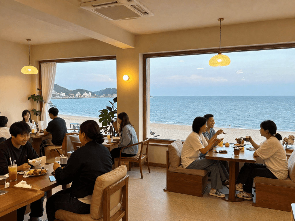 "Cozy 여수오피 lounge area with ocean view, trusted local service for relaxation."